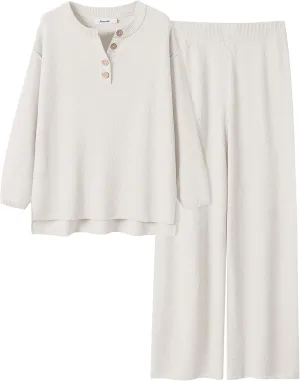 Caracilia Women Oversized Lounge Sets Waffle Knit Casual 2 Piece Outfit Matching Loose Sweater Set 2024 Travel Comfy Clothing
