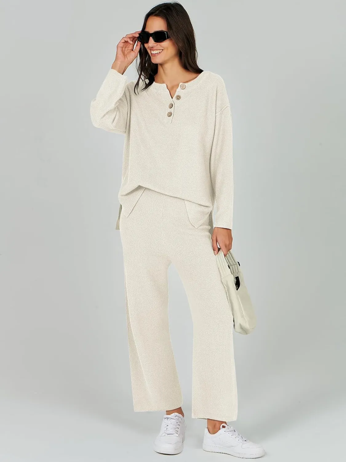 Caracilia Women Oversized Lounge Sets Waffle Knit Casual 2 Piece Outfit Matching Loose Sweater Set 2024 Travel Comfy Clothing