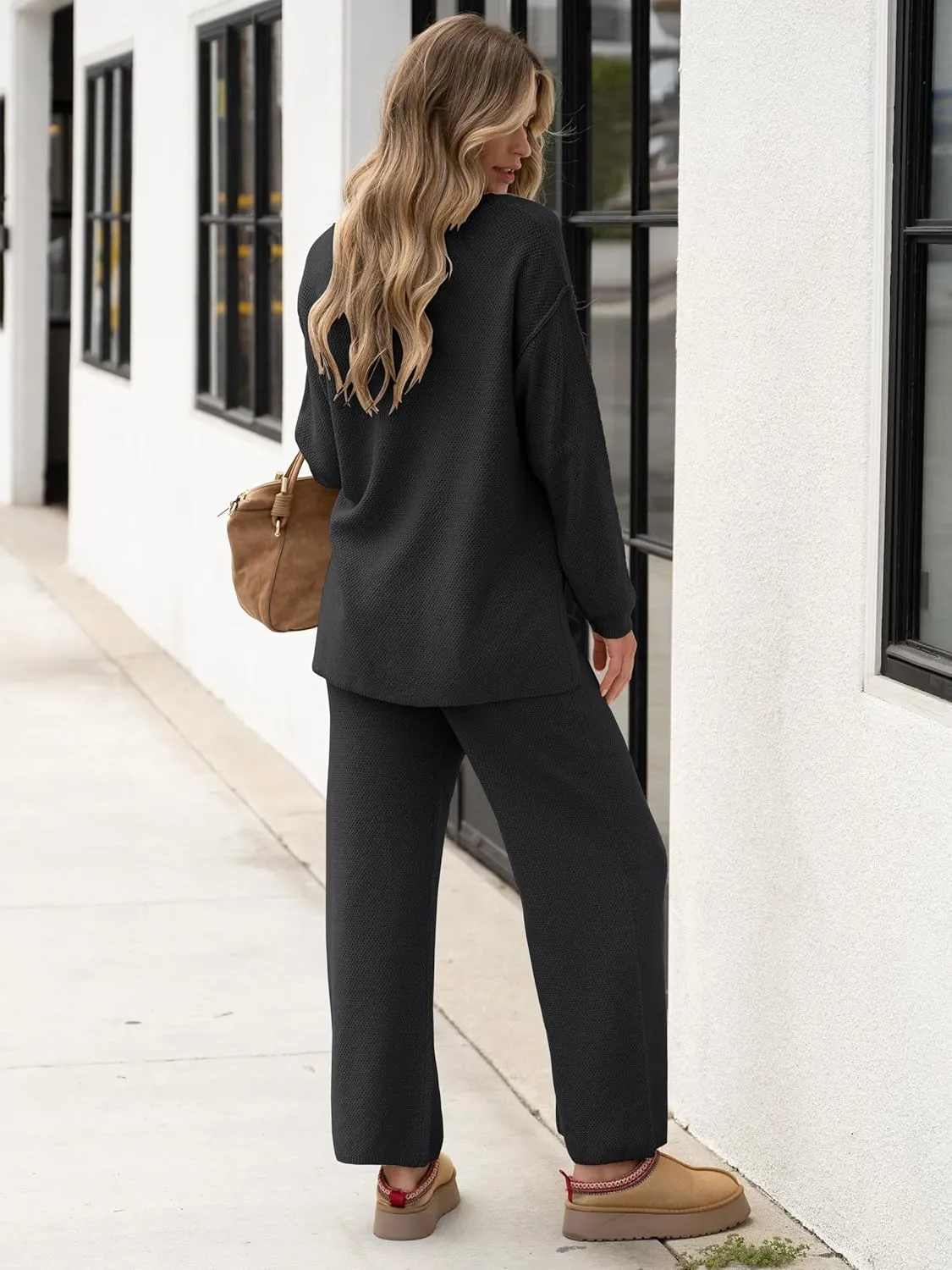 Caracilia Women Oversized Lounge Sets Waffle Knit Casual 2 Piece Outfit Matching Loose Sweater Set 2024 Travel Comfy Clothing