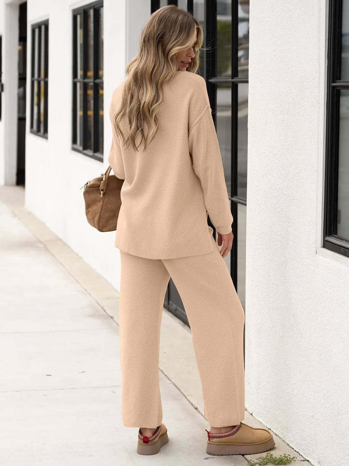 Caracilia Women Oversized Lounge Sets Waffle Knit Casual 2 Piece Outfit Matching Loose Sweater Set 2024 Travel Comfy Clothing