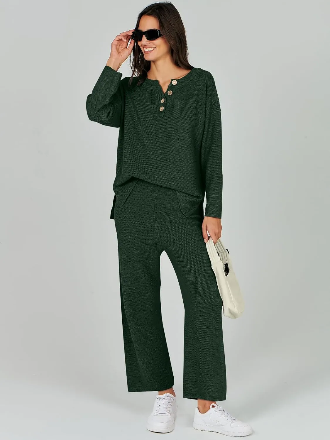 Caracilia Women Oversized Lounge Sets Waffle Knit Casual 2 Piece Outfit Matching Loose Sweater Set 2024 Travel Comfy Clothing