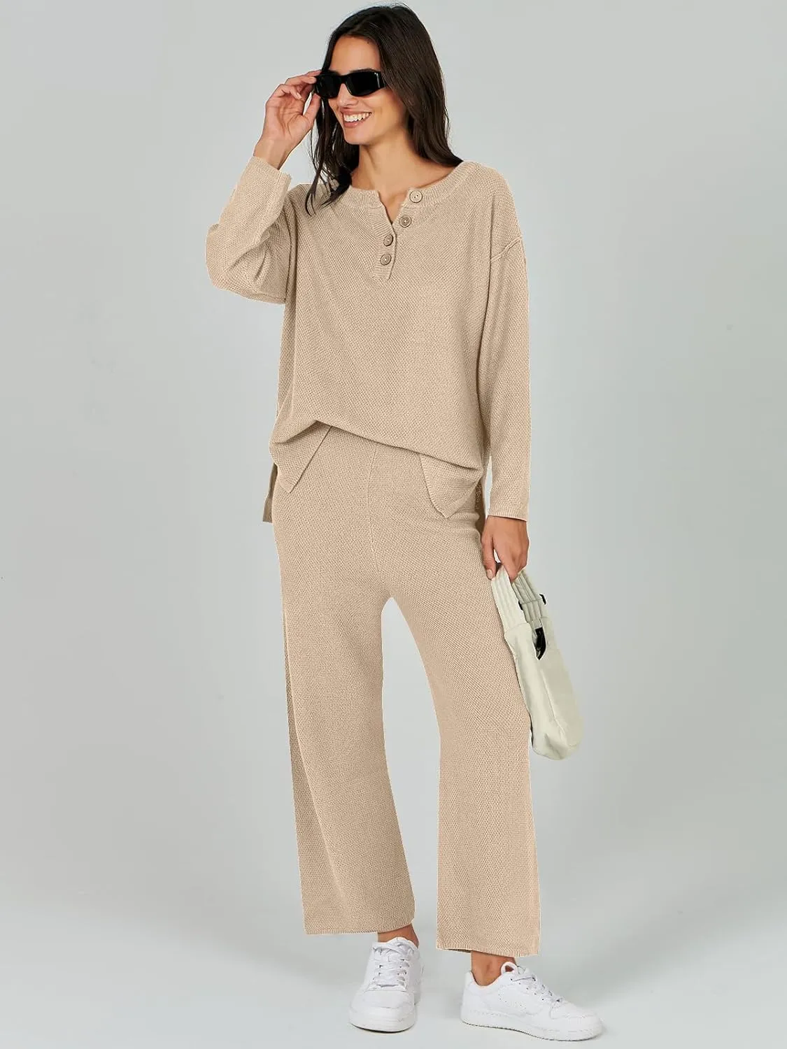 Caracilia Women Oversized Lounge Sets Waffle Knit Casual 2 Piece Outfit Matching Loose Sweater Set 2024 Travel Comfy Clothing