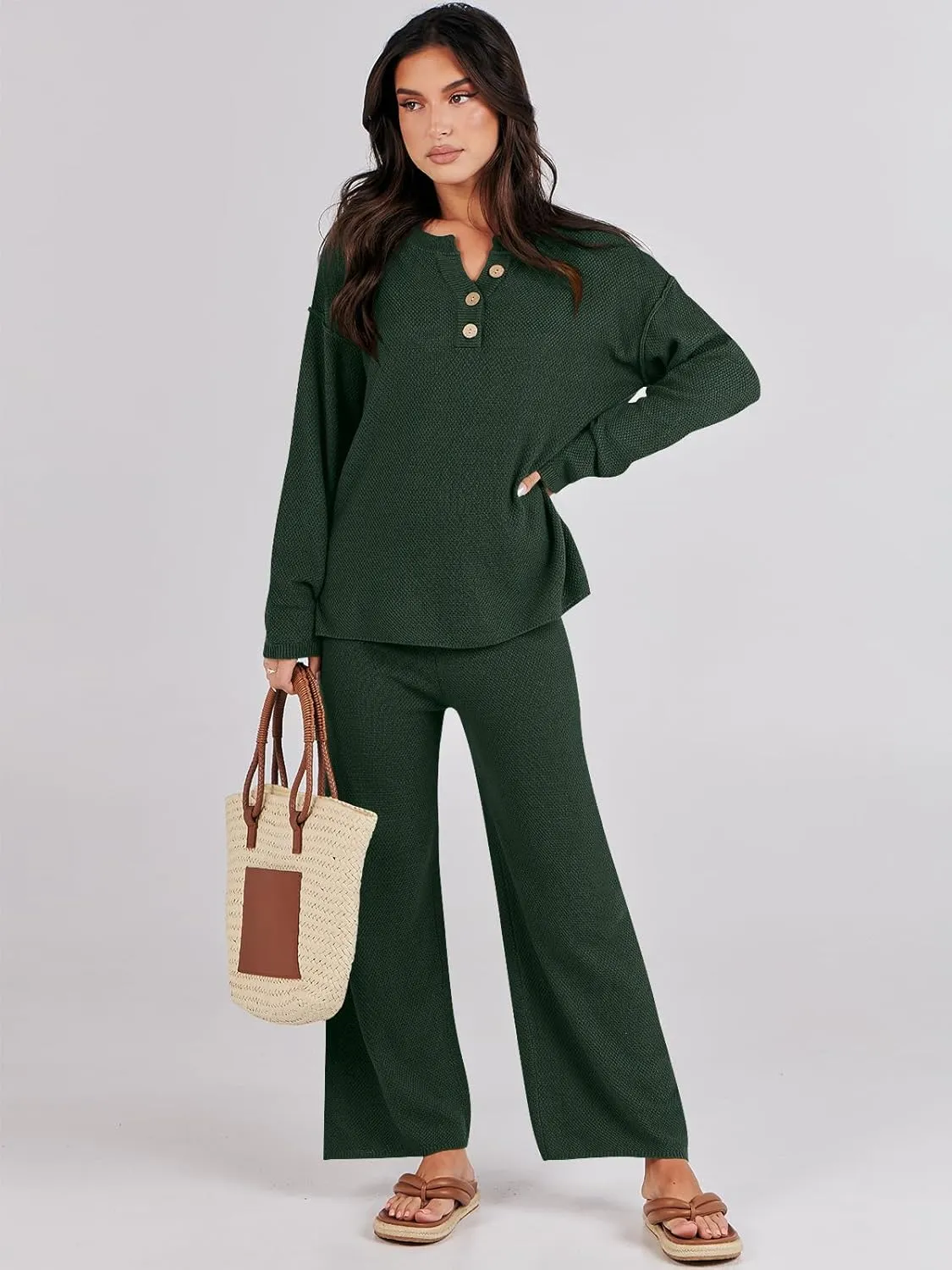 Caracilia Women Oversized Lounge Sets Waffle Knit Casual 2 Piece Outfit Matching Loose Sweater Set 2024 Travel Comfy Clothing