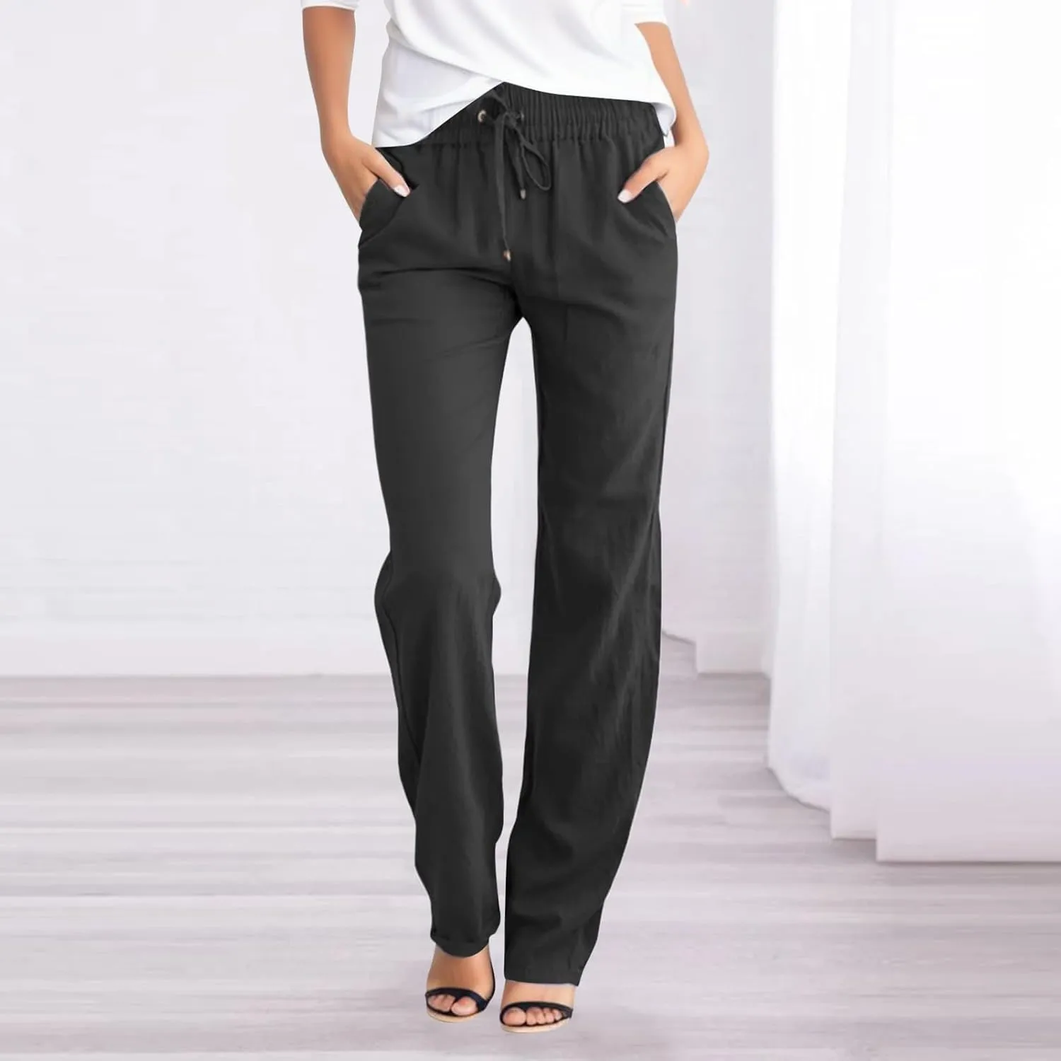 Casual Cotton Linen Pants Women Drawstring Lightweight Pants Summer Relax Fit Pants Straight Leg Lounge Trousers