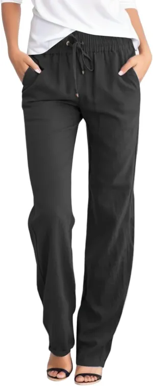 Casual Cotton Linen Pants Women Drawstring Lightweight Pants Summer Relax Fit Pants Straight Leg Lounge Trousers