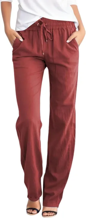 Casual Cotton Linen Pants Women Drawstring Lightweight Pants Summer Relax Fit Pants Straight Leg Lounge Trousers