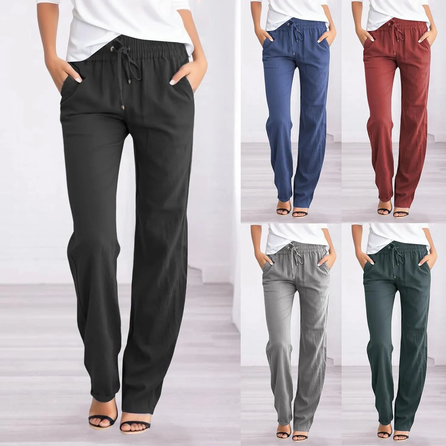 Casual Cotton Linen Pants Women Drawstring Lightweight Pants Summer Relax Fit Pants Straight Leg Lounge Trousers