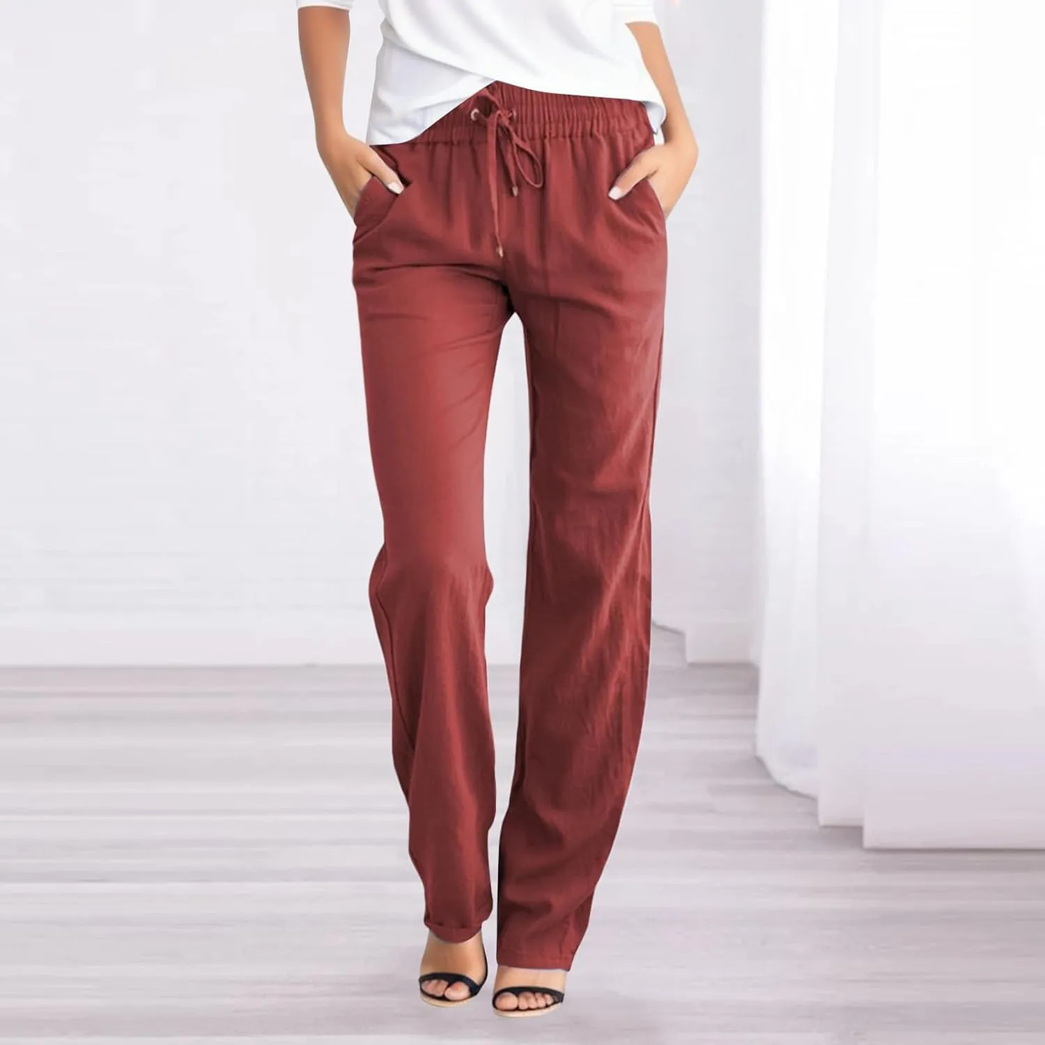 Casual Cotton Linen Pants Women Drawstring Lightweight Pants Summer Relax Fit Pants Straight Leg Lounge Trousers
