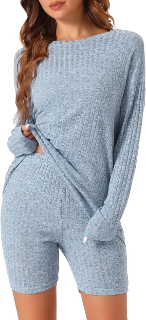 cheibear Womens Biker Shorts Sets 2 Piece Lounge Sets Ribbed Knit Matching Outfits Long Sleeve Loungewear Sweatsuits