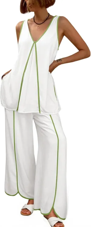 Cicy Bell Womens Summer Lounge Sets V Neck Sleeveless Tunic Tops Pajamas Sets Comfy Loungwear Wide Leg Pants 2 Piece Outfits