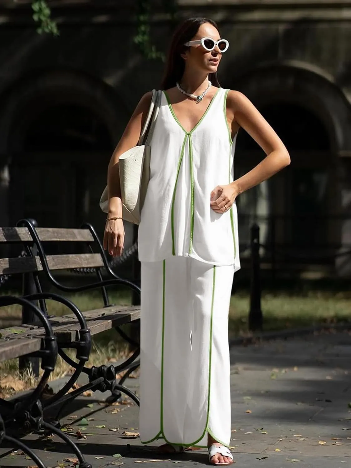 Cicy Bell Womens Summer Lounge Sets V Neck Sleeveless Tunic Tops Pajamas Sets Comfy Loungwear Wide Leg Pants 2 Piece Outfits
