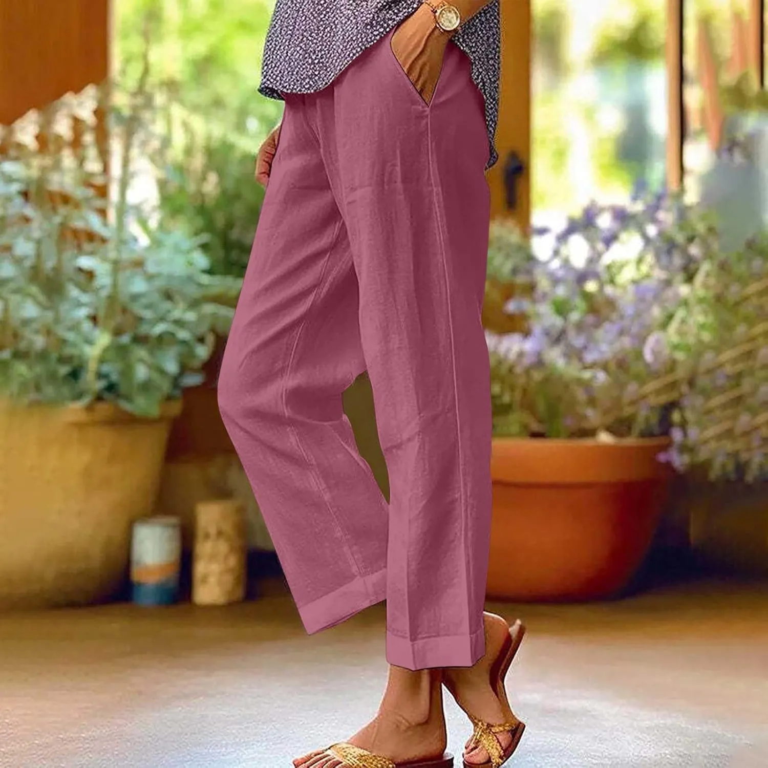 Cotton Linen Pants for Women Solid Straight Leg Suit Pant Summer Vacation Casual Relax Trousers with Pockets