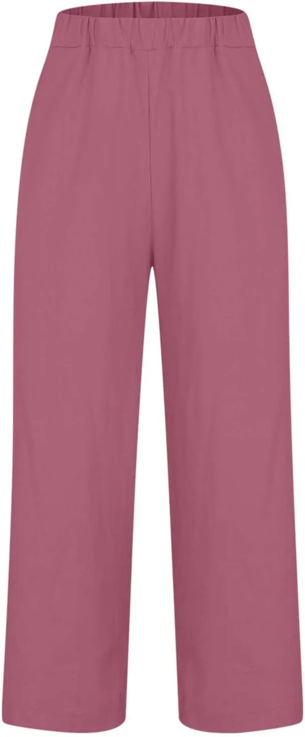 Cotton Linen Pants for Women Solid Straight Leg Suit Pant Summer Vacation Casual Relax Trousers with Pockets