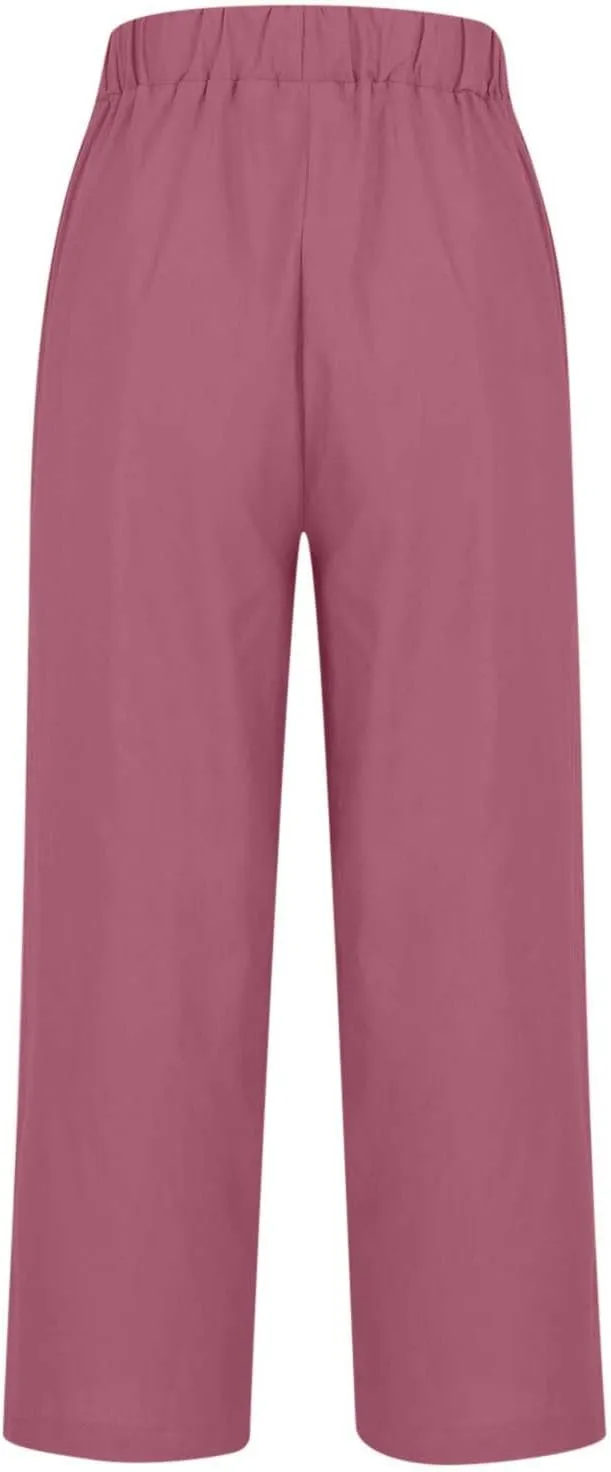 Cotton Linen Pants for Women Solid Straight Leg Suit Pant Summer Vacation Casual Relax Trousers with Pockets