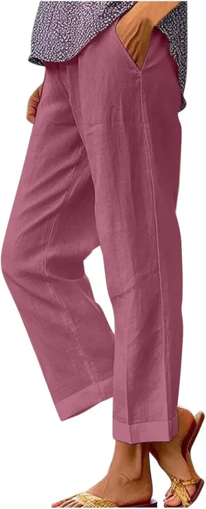 Cotton Linen Pants for Women Solid Straight Leg Suit Pant Summer Vacation Casual Relax Trousers with Pockets