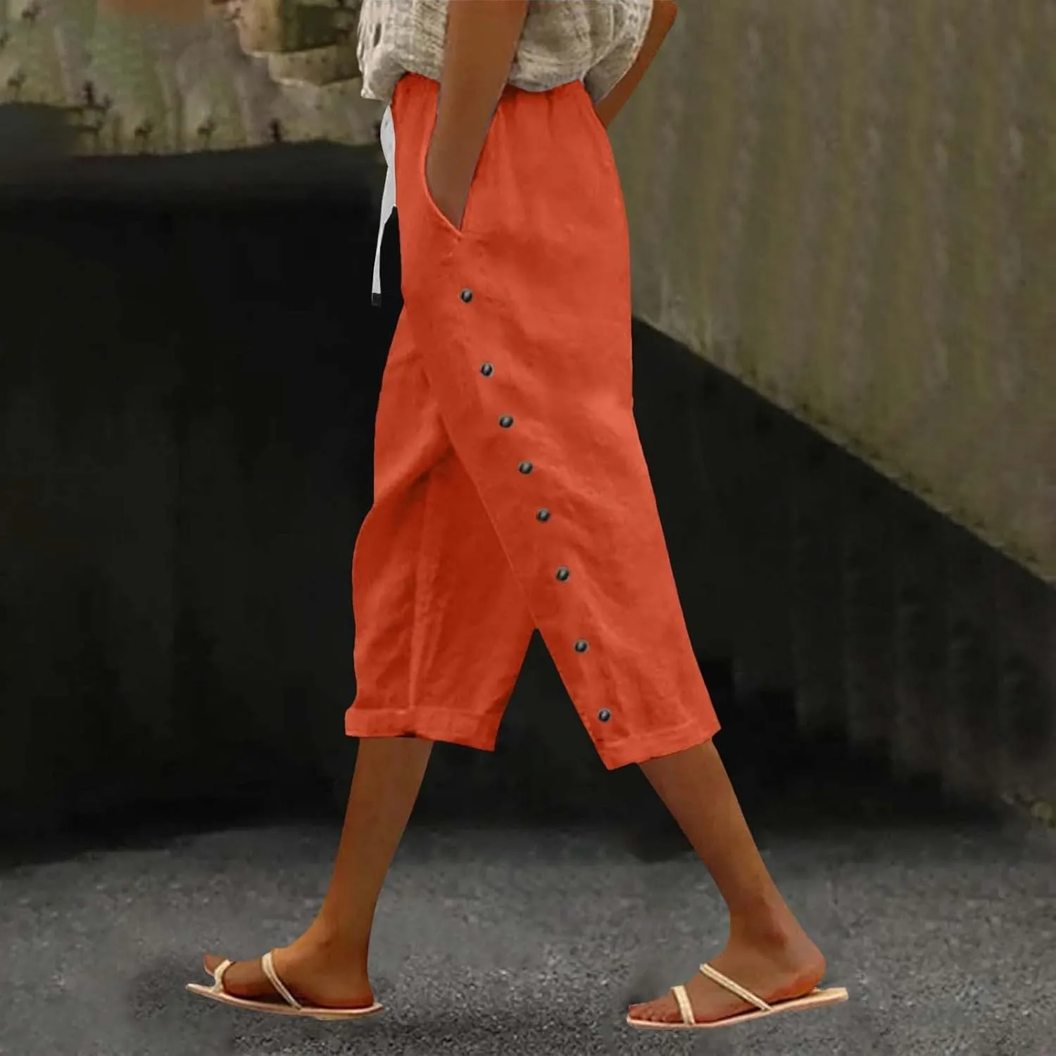 Cotton Linen Pants Women Cotton Linen Elastic Seven Pants Beach Casual Pants Linen Casual Elastic Waist Comfy Trousers