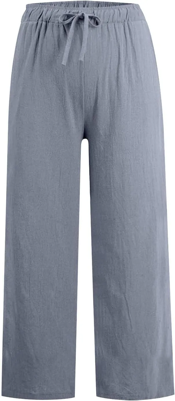 Cotton Linen Pants Women Summer Wide Leg Casual Loose Trousers Drawstring High Waist Palazzo Pants with Pockets 2025