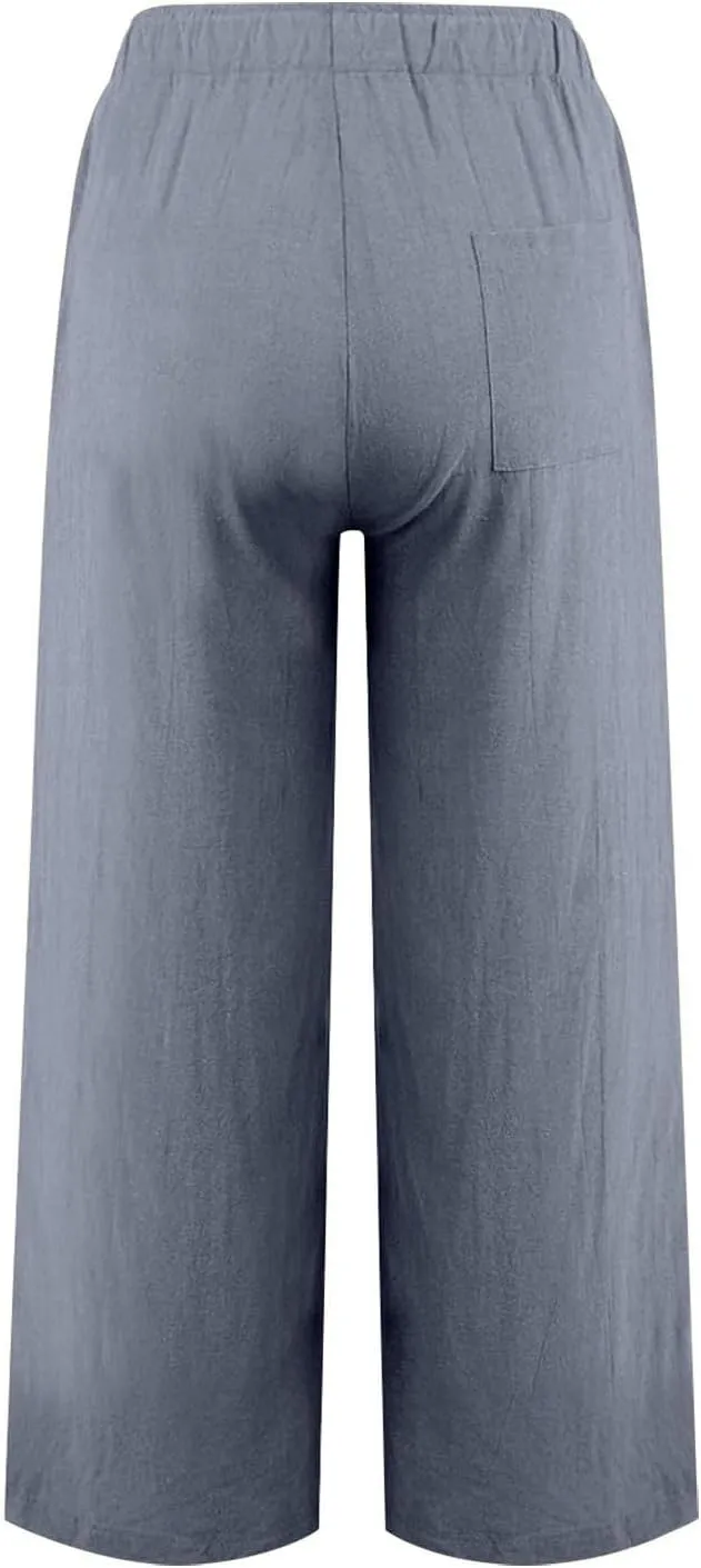 Cotton Linen Pants Women Summer Wide Leg Casual Loose Trousers Drawstring High Waist Palazzo Pants with Pockets 2025