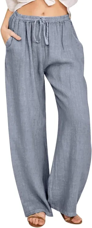 Cotton Linen Pants Women Summer Wide Leg Casual Loose Trousers Drawstring High Waist Palazzo Pants with Pockets 2025