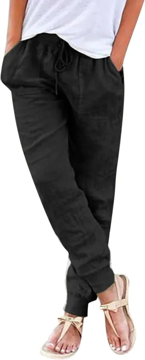 Cotton Linen Tapered Pants Womens Jogger Casual Drawstring Back Elastic Waist Pants Casual Trousers with Pockets