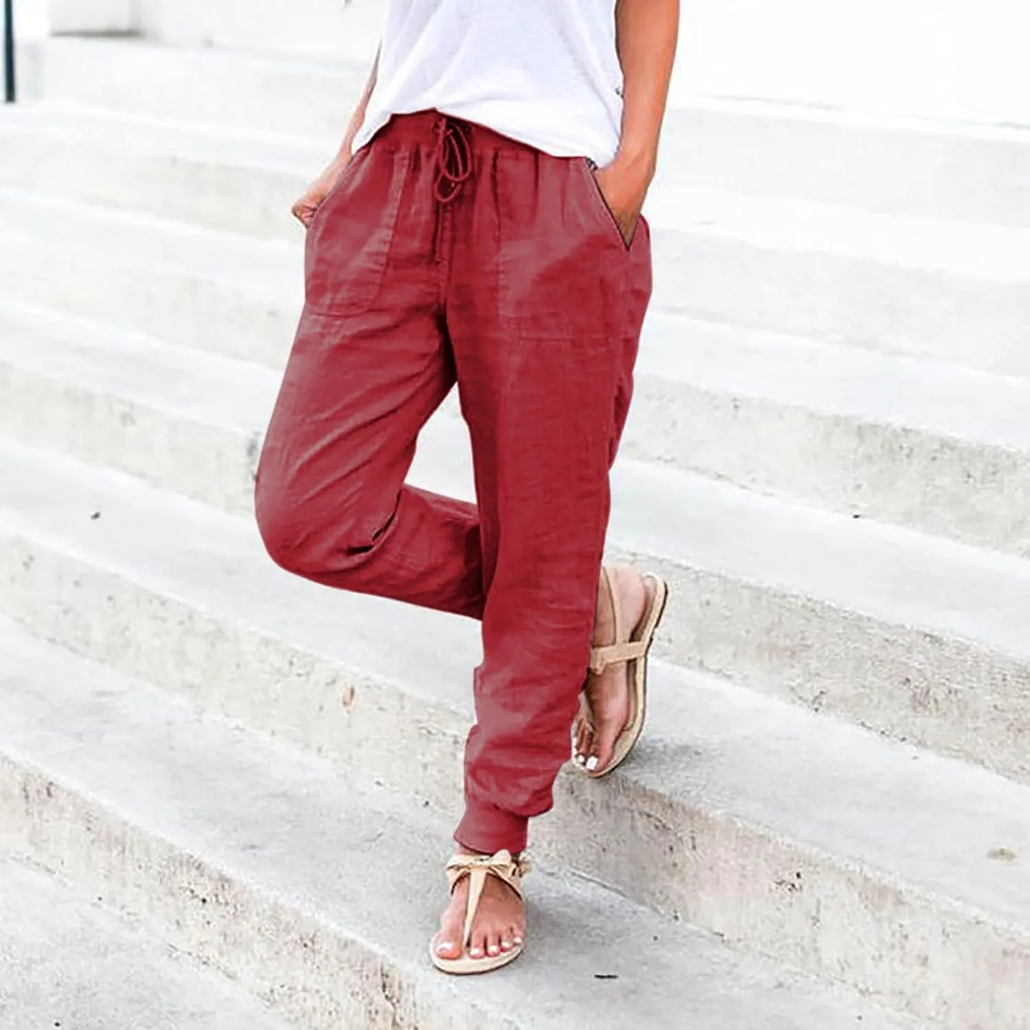Cotton Linen Tapered Pants Womens Jogger Casual Drawstring Back Elastic Waist Pants Casual Trousers with Pockets