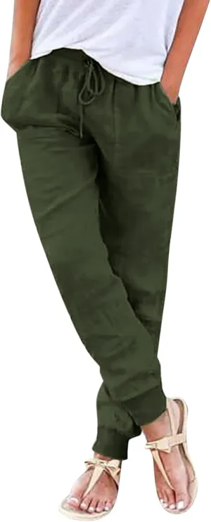 Cotton Linen Tapered Pants Womens Jogger Casual Drawstring Back Elastic Waist Pants Casual Trousers with Pockets