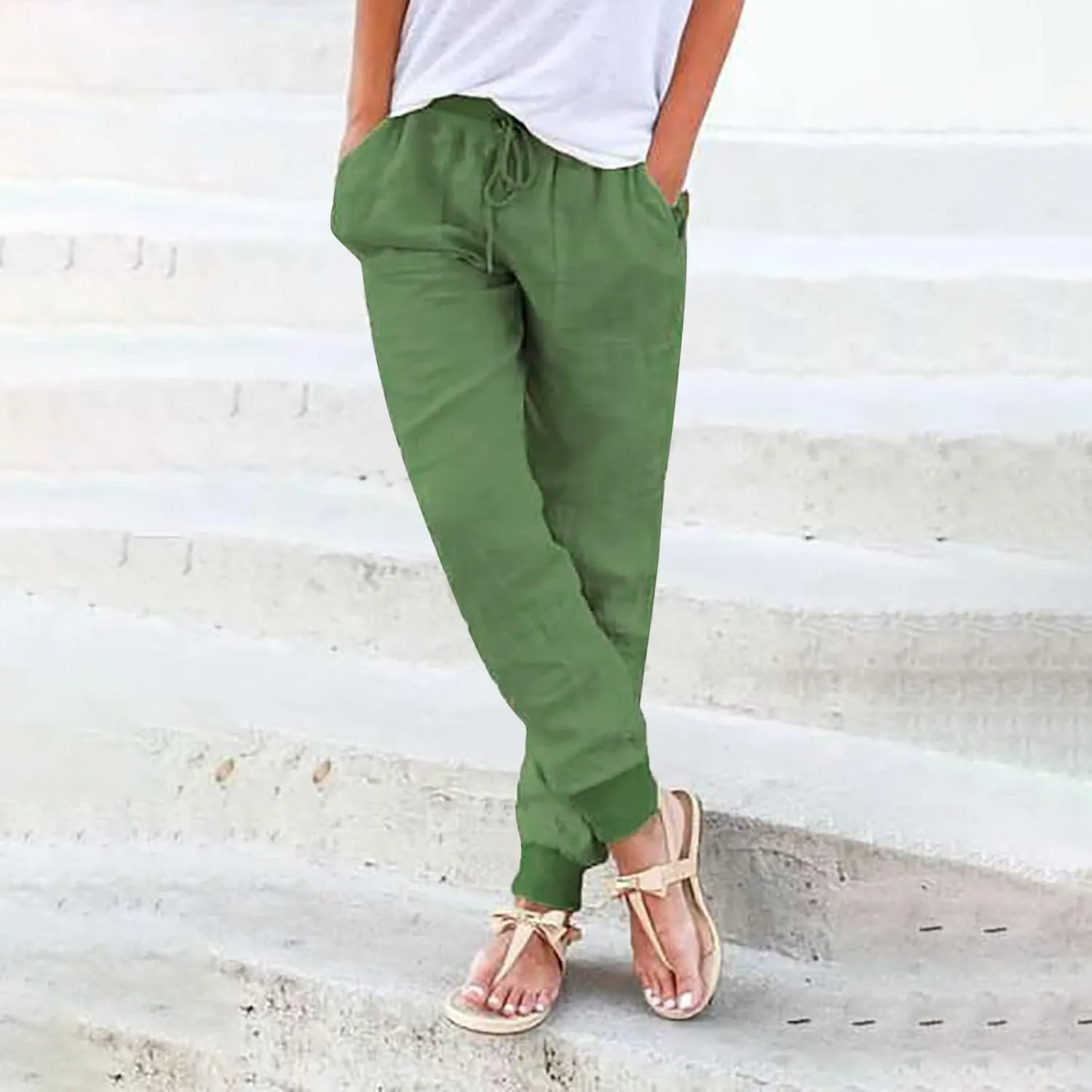 Cotton Linen Tapered Pants Womens Jogger Casual Drawstring Back Elastic Waist Pants Casual Trousers with Pockets