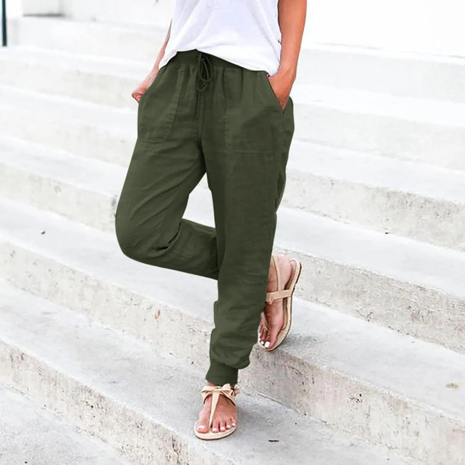Cotton Linen Tapered Pants Womens Jogger Casual Drawstring Back Elastic Waist Pants Casual Trousers with Pockets