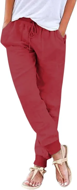 Cotton Linen Tapered Pants Womens Jogger Casual Drawstring Back Elastic Waist Pants Casual Trousers with Pockets