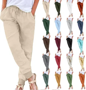 Cotton Linen Tapered Pants Womens Jogger Casual Drawstring Back Elastic Waist Pants Casual Trousers with Pockets