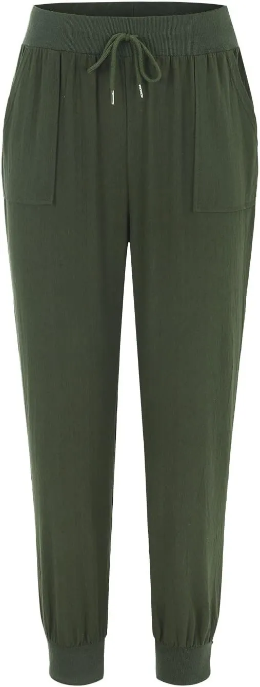 Cotton Linen Tapered Pants Womens Jogger Casual Drawstring Back Elastic Waist Pants Casual Trousers with Pockets
