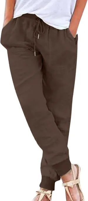 Cotton Linen Tapered Pants Womens Jogger Casual Drawstring Back Elastic Waist Pants Casual Trousers with Pockets