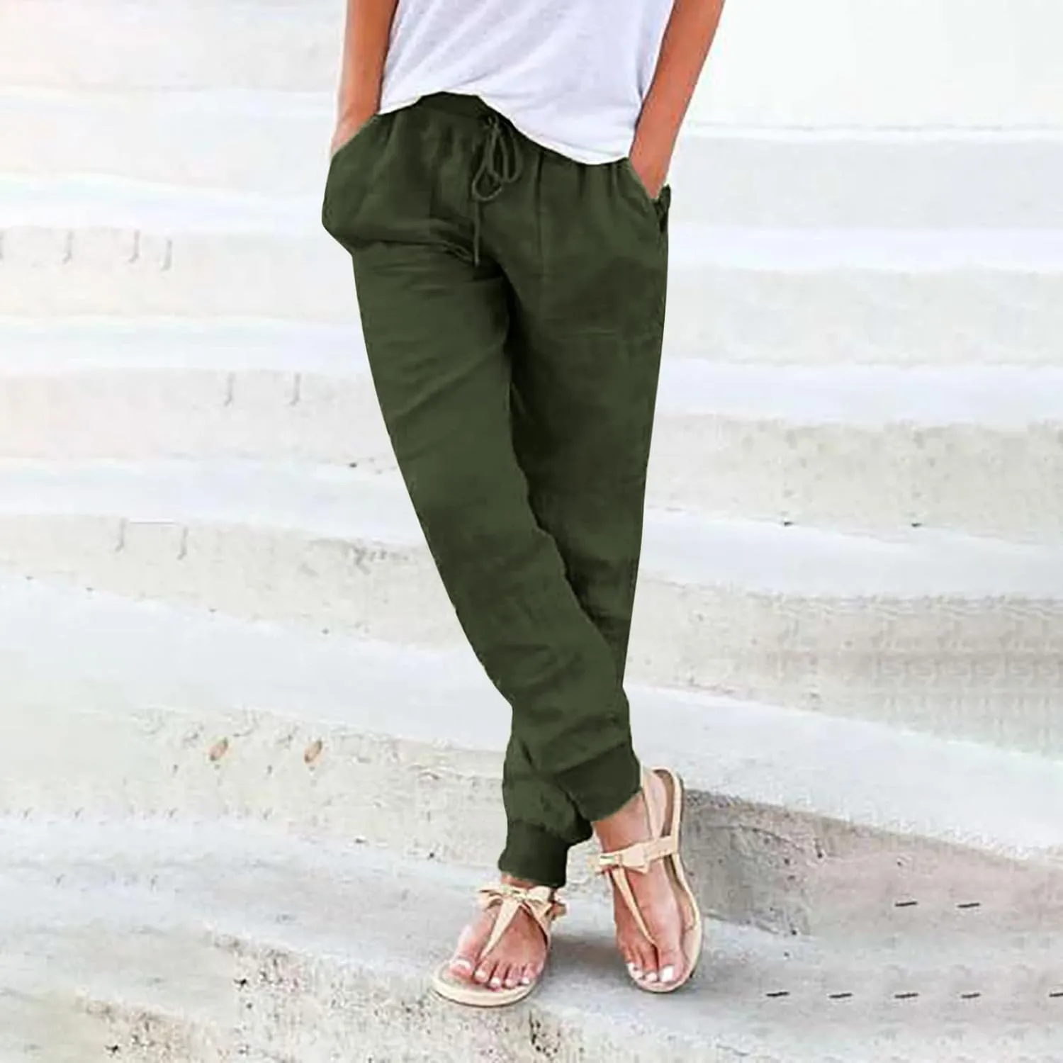 Cotton Linen Tapered Pants Womens Jogger Casual Drawstring Back Elastic Waist Pants Casual Trousers with Pockets