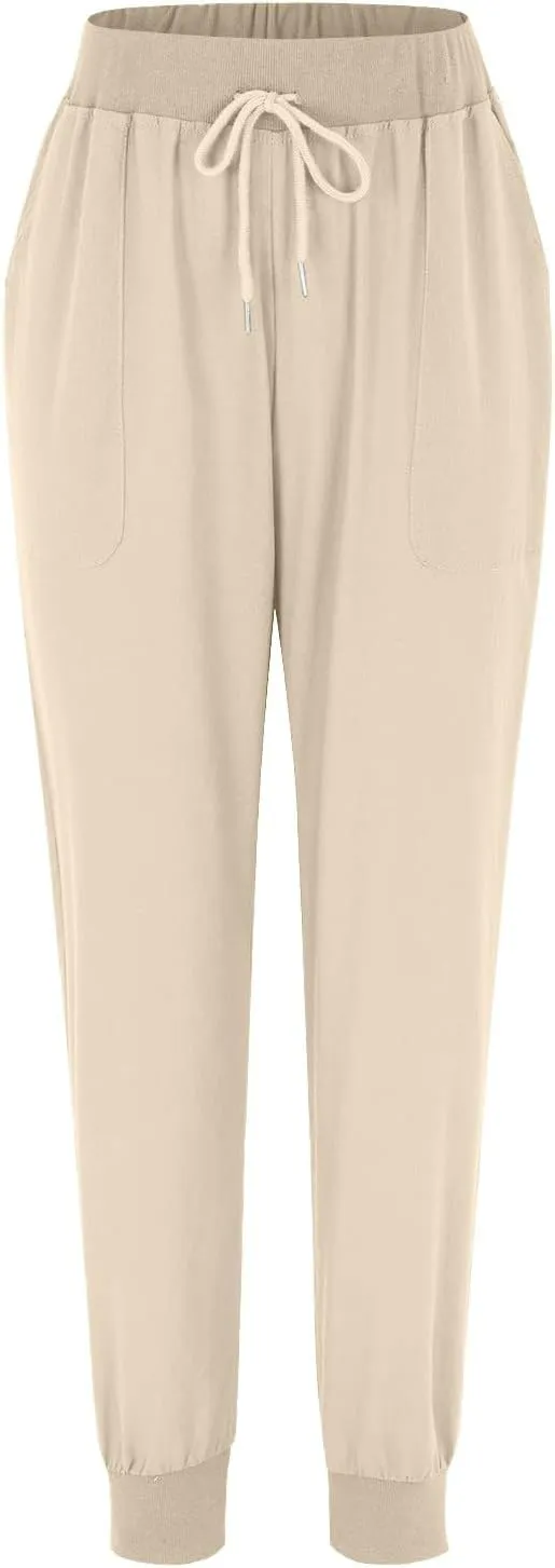 Cotton Linen Tapered Pants Womens Jogger Casual Drawstring Back Elastic Waist Pants Casual Trousers with Pockets