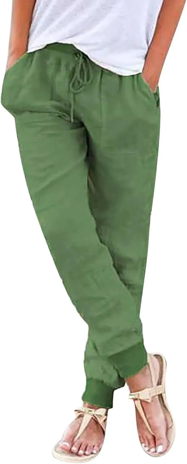 Cotton Linen Tapered Pants Womens Jogger Casual Drawstring Back Elastic Waist Pants Casual Trousers with Pockets