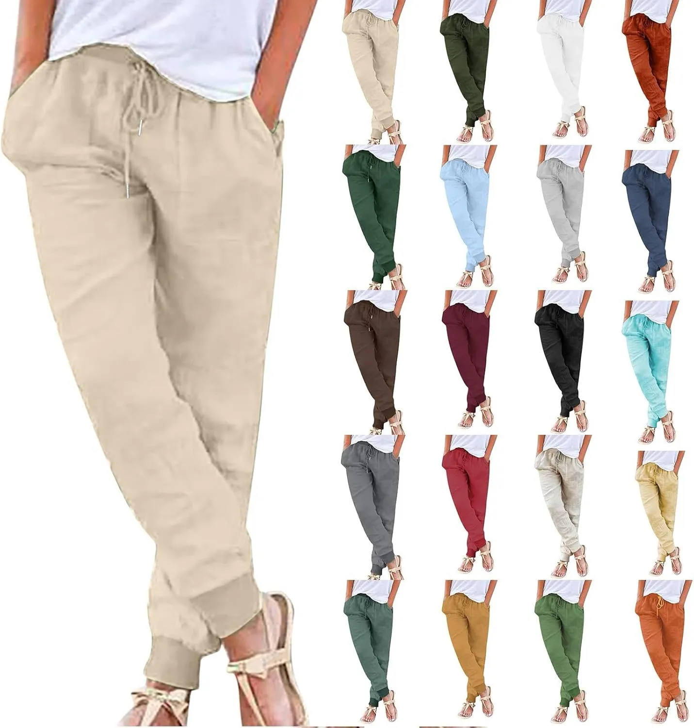 Cotton Linen Tapered Pants Womens Jogger Casual Drawstring Back Elastic Waist Pants Casual Trousers with Pockets