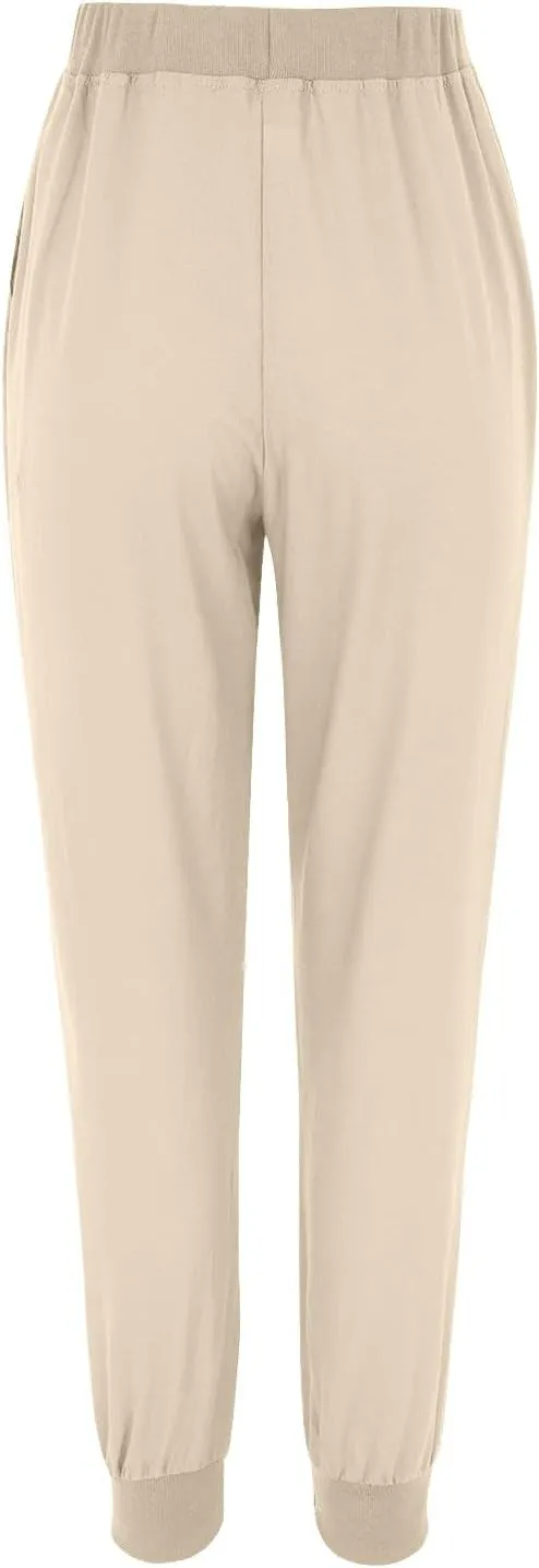 Cotton Linen Tapered Pants Womens Jogger Casual Drawstring Back Elastic Waist Pants Casual Trousers with Pockets
