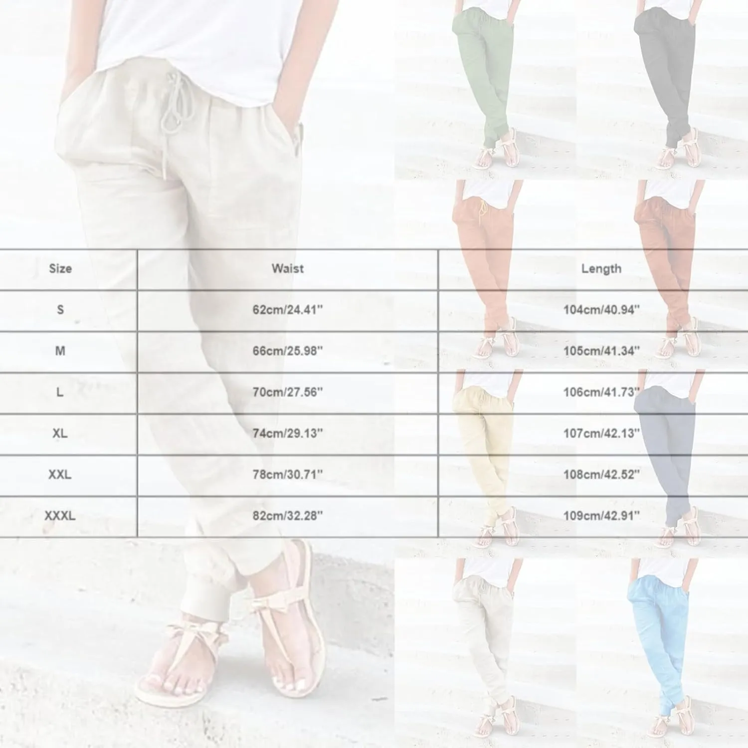 Cotton Linen Tapered Pants Womens Jogger Casual Drawstring Back Elastic Waist Pants Casual Trousers with Pockets