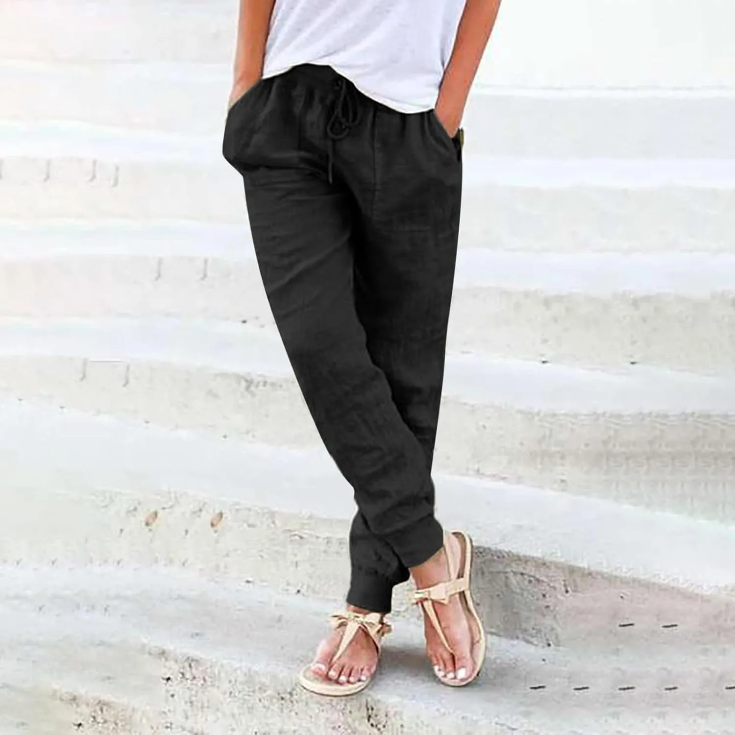 Cotton Linen Tapered Pants Womens Jogger Casual Drawstring Back Elastic Waist Pants Casual Trousers with Pockets