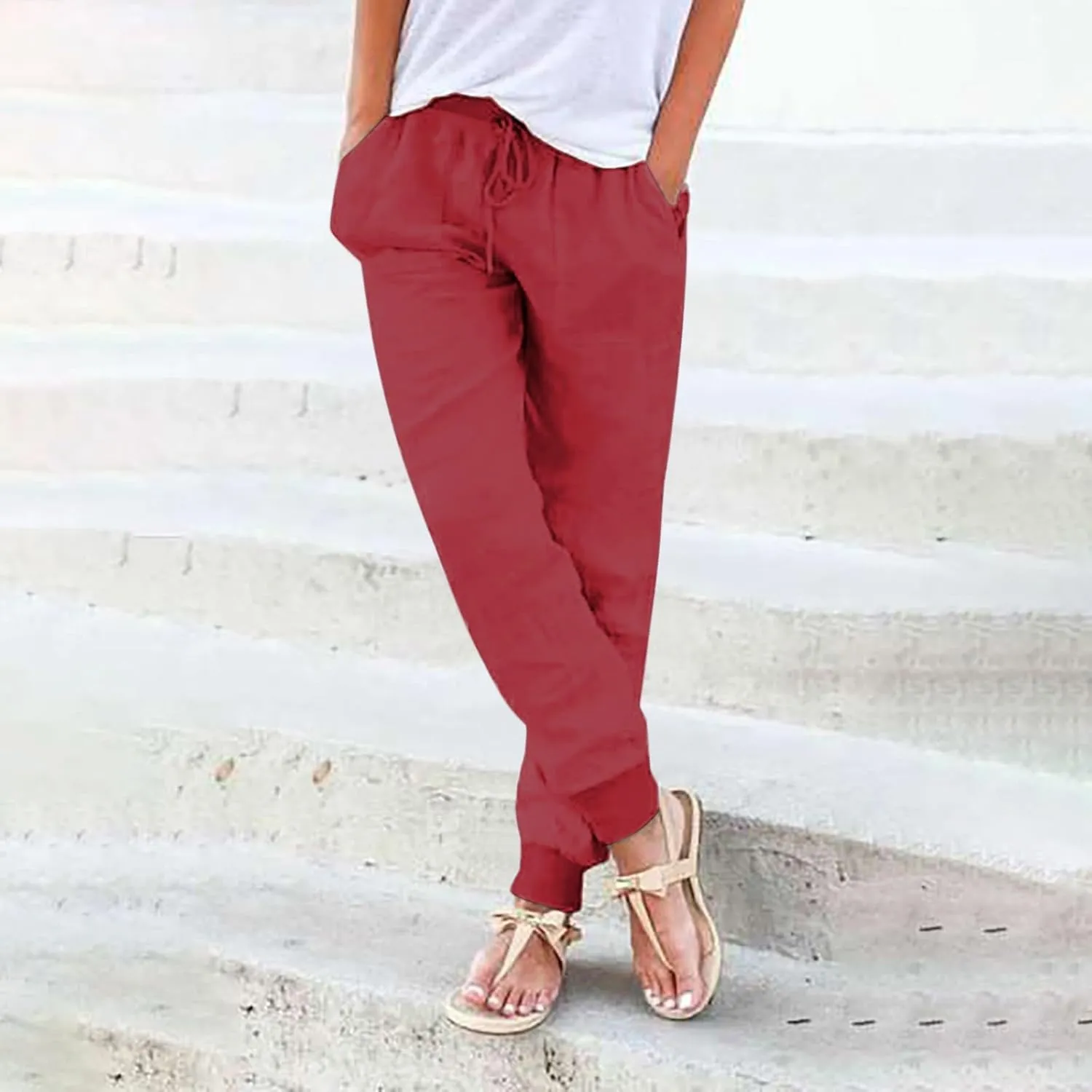 Cotton Linen Tapered Pants Womens Jogger Casual Drawstring Back Elastic Waist Pants Casual Trousers with Pockets