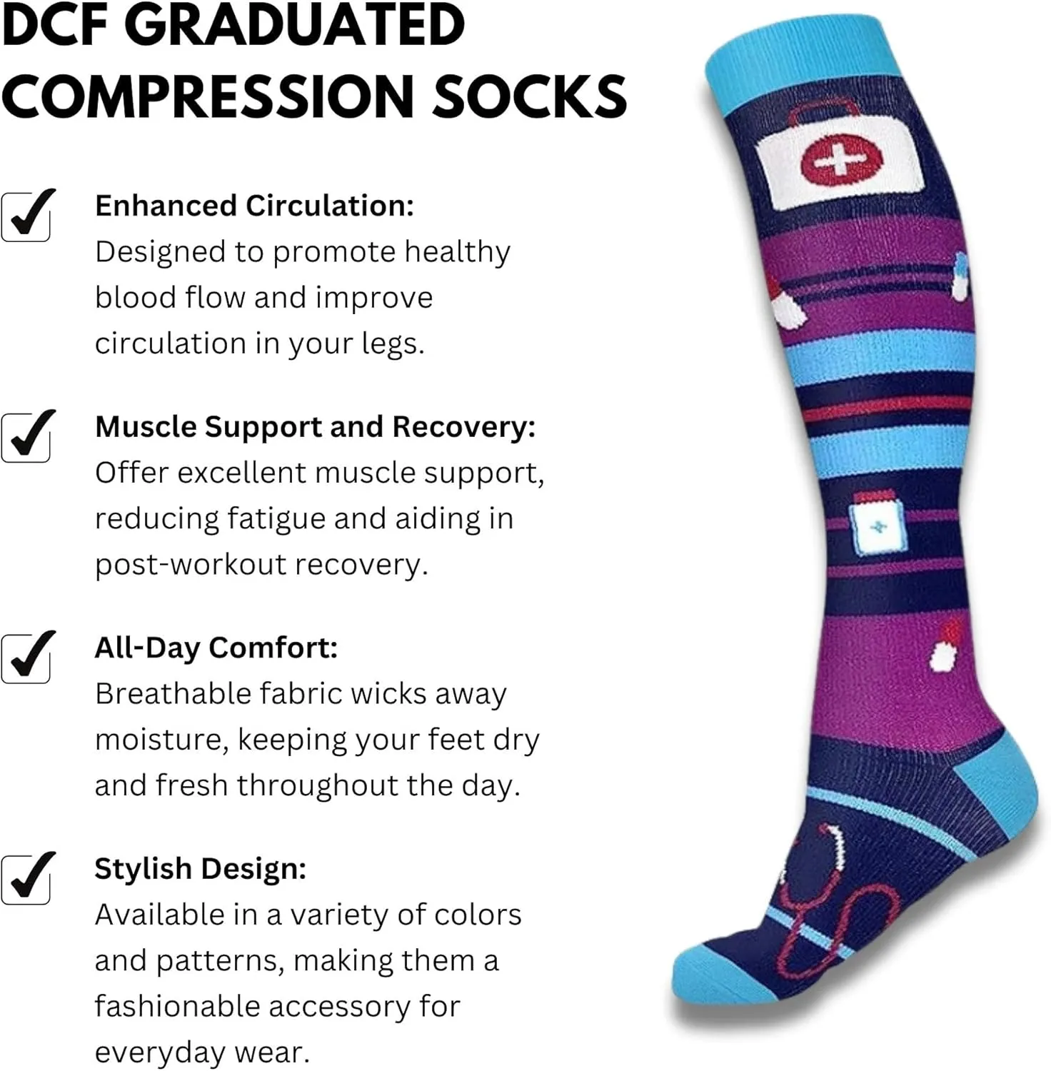 DCF Graduated Compression Socks Elevate Your Comfort and Health, Ideal for Soccer, Running, Nurses