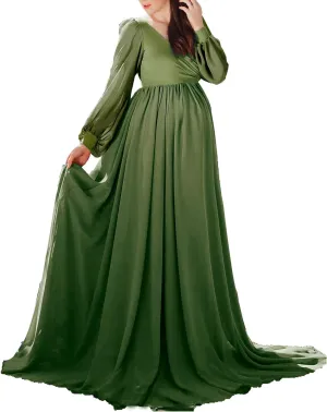 Dedysler Maternity Gown Dress for Photoshoot Long V Neck Photography with Split Soft Breathable Maxi Baby Shower Pregnancy