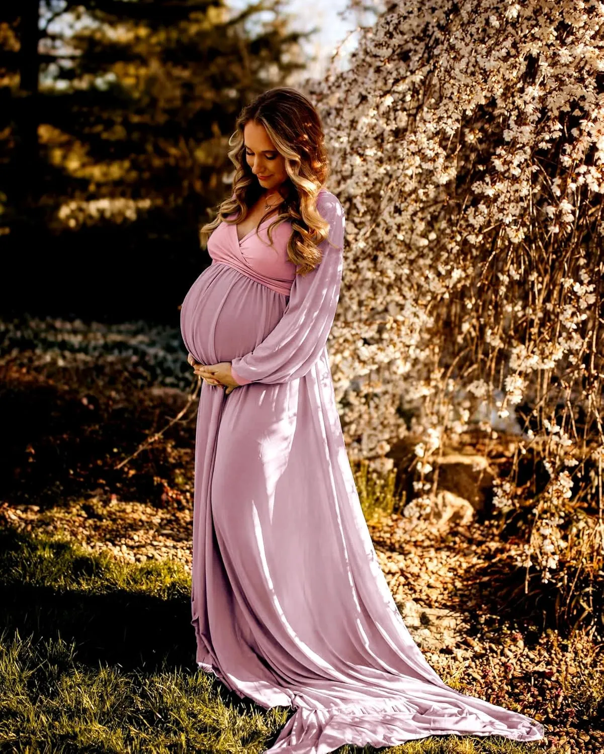 Dedysler Maternity Gown Dress for Photoshoot Long V Neck Photography with Split Soft Breathable Maxi Baby Shower Pregnancy