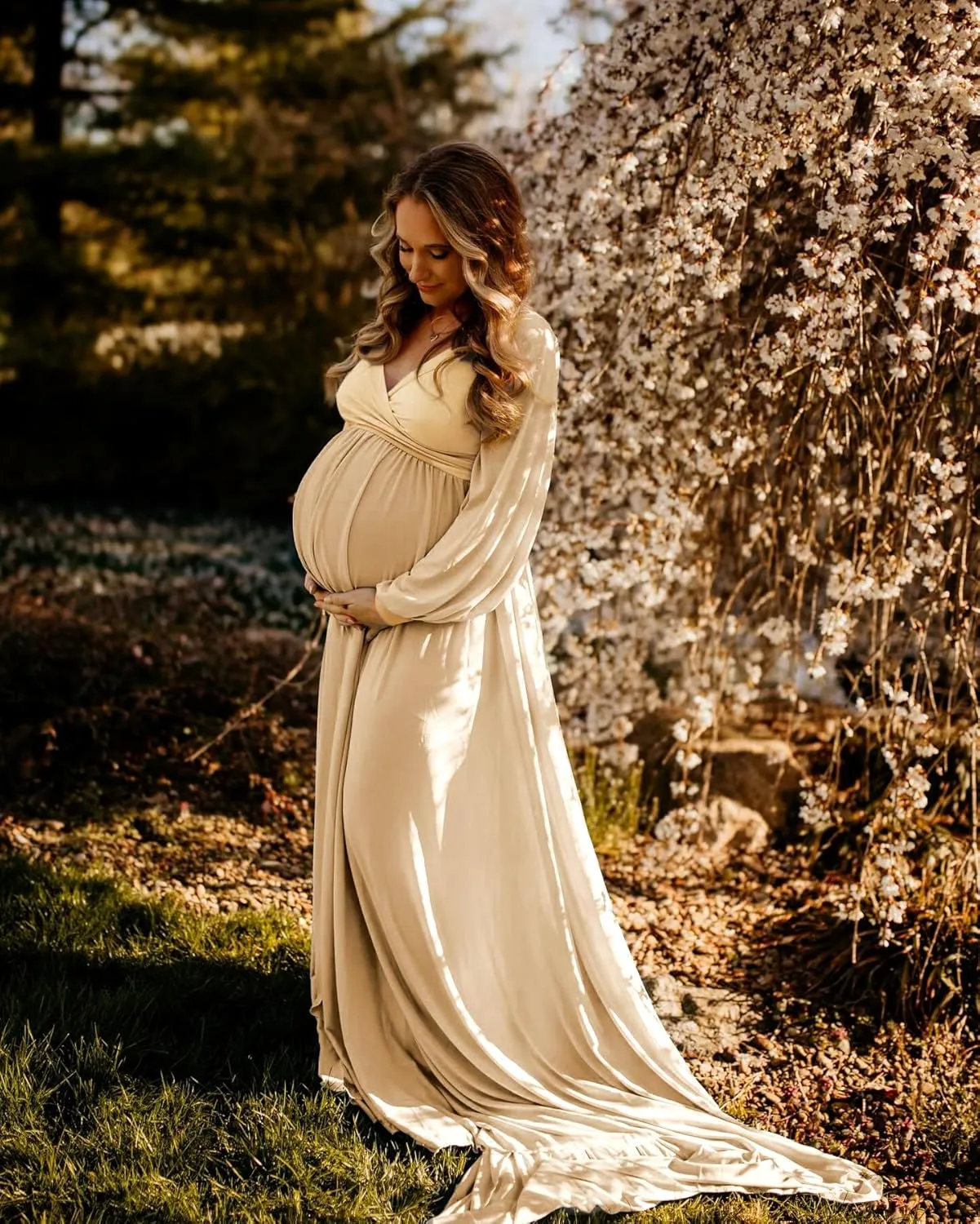 Dedysler Maternity Gown Dress for Photoshoot Long V Neck Photography with Split Soft Breathable Maxi Baby Shower Pregnancy