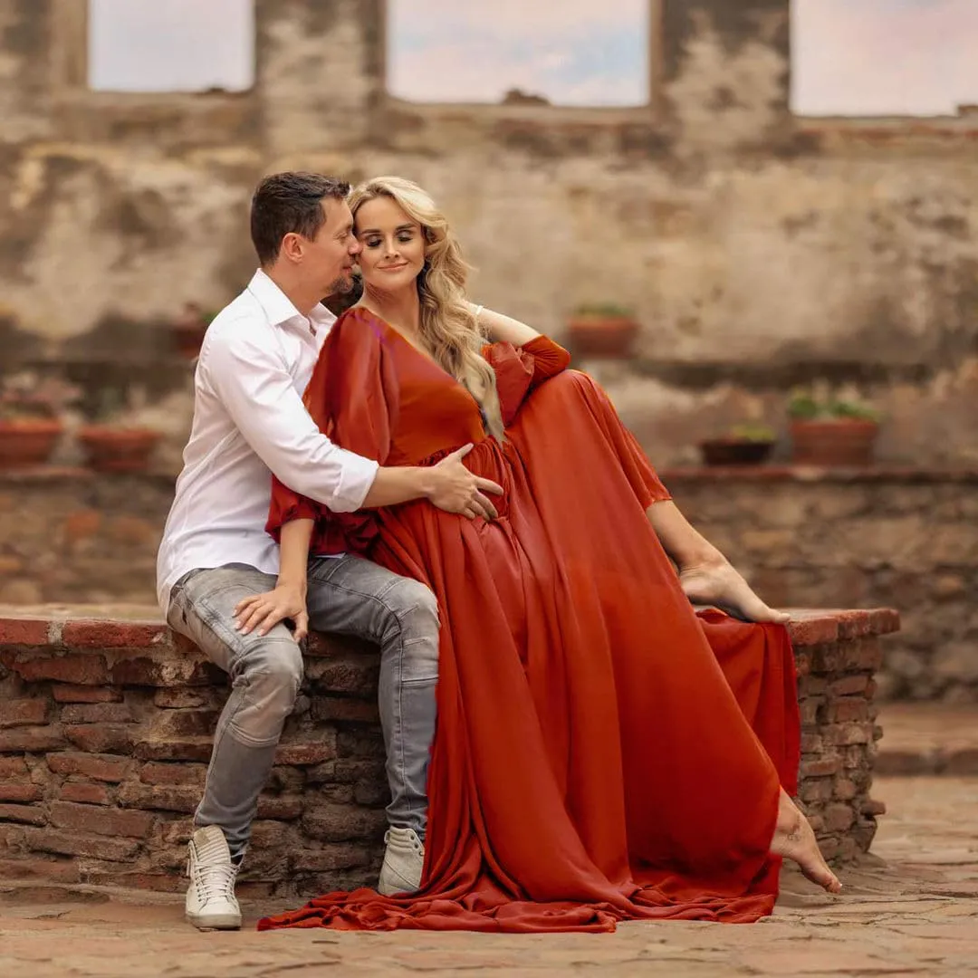 Dedysler Maternity Gown Dress for Photoshoot Long V Neck Photography with Split Soft Breathable Maxi Baby Shower Pregnancy