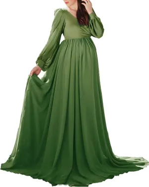 Dedysler Maternity Gown Dress for Photoshoot Long V Neck Photography with Split Soft Breathable Maxi Baby Shower Pregnancy