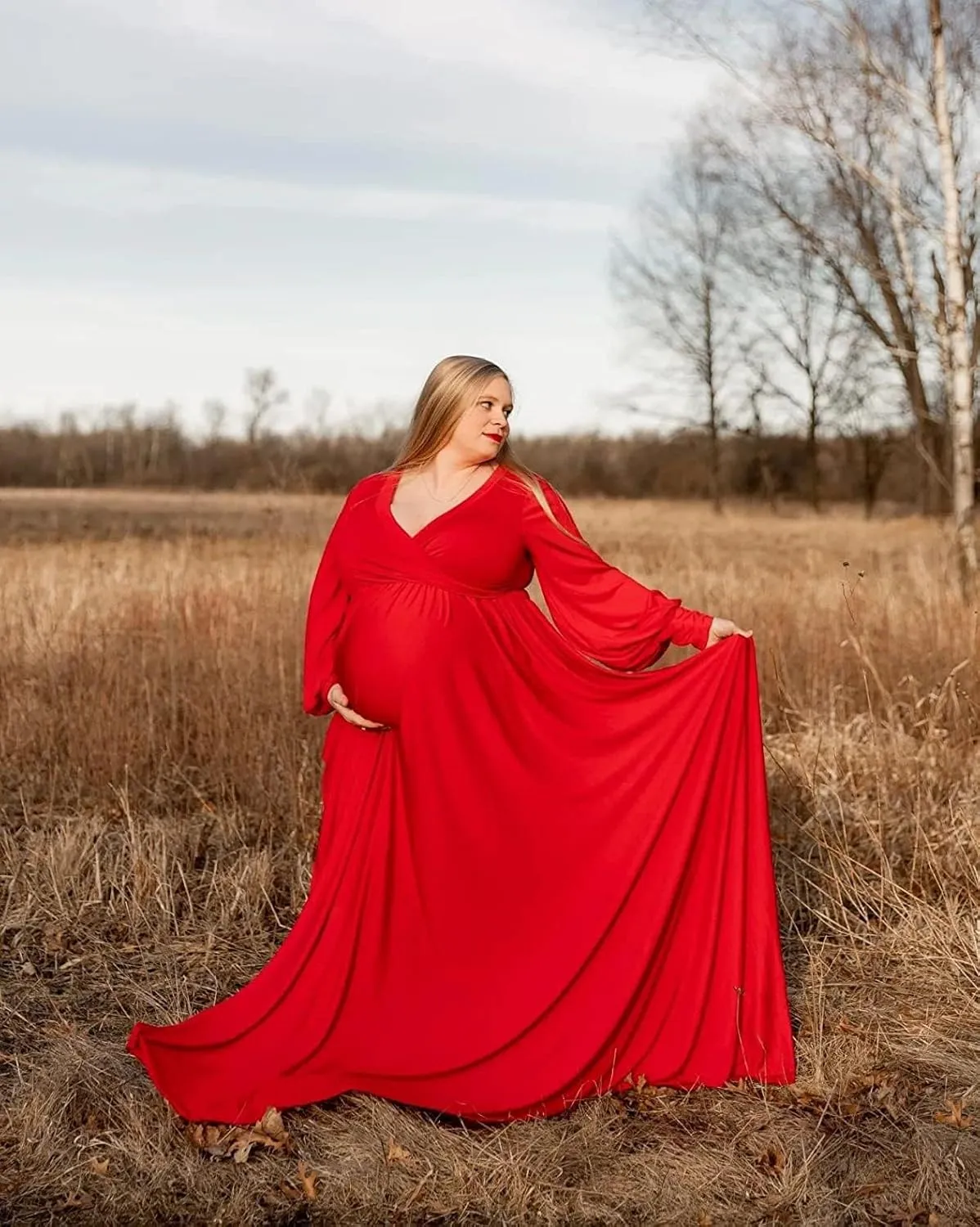 Dedysler Maternity Gowns Long Sleeves Baby Shower Dress for Photoshoot Wrap Split Sweetheart Maxi Photography