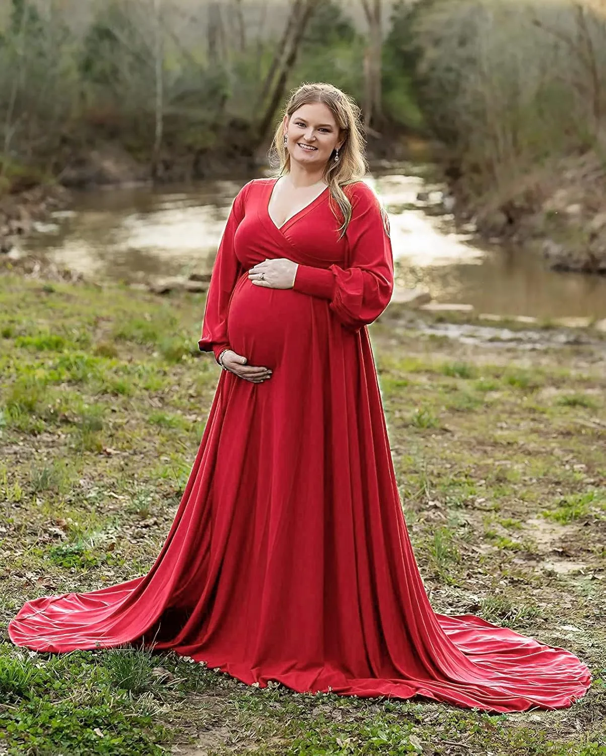 Dedysler Maternity Gowns Long Sleeves Baby Shower Dress for Photoshoot Wrap Split Sweetheart Maxi Photography
