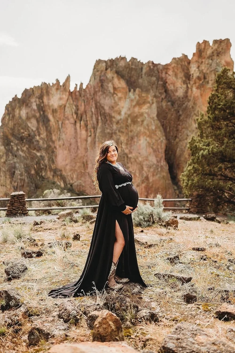 Dedysler Maternity Gowns Long Sleeves Baby Shower Dress for Photoshoot Wrap Split Sweetheart Maxi Photography