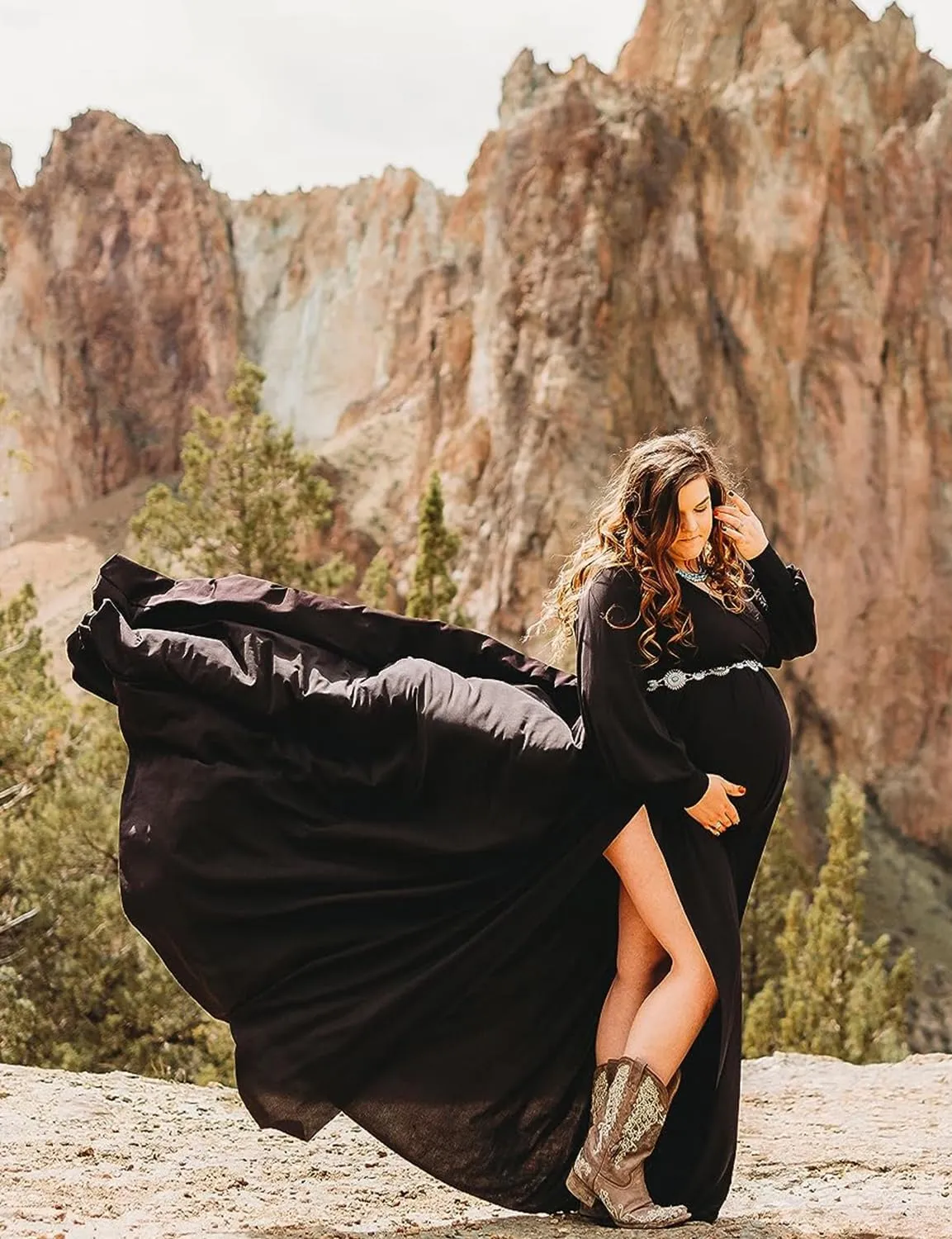 Dedysler Maternity Gowns Long Sleeves Baby Shower Dress for Photoshoot Wrap Split Sweetheart Maxi Photography
